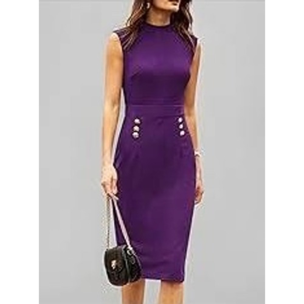 (A7) Grace Karin Purple Mock Neck Sheath Dress Gold Buttons M Sleeveless Midi